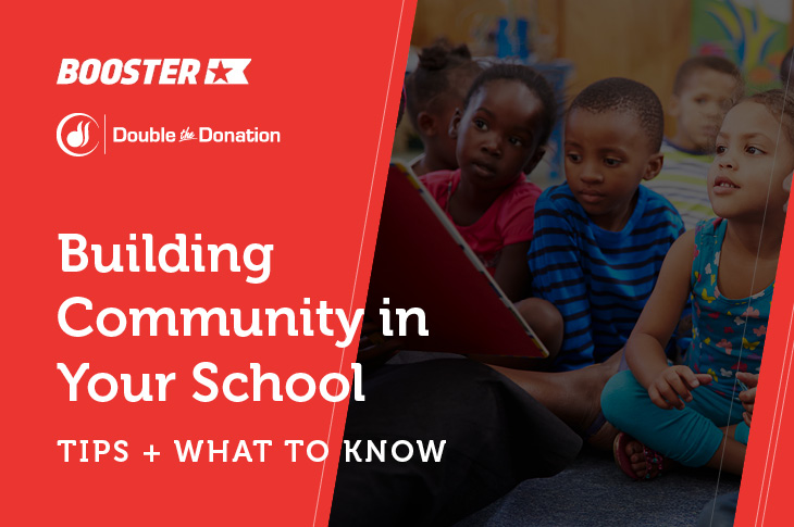 Images of kids sitting on the floor with copy on image of tips to building community in your school