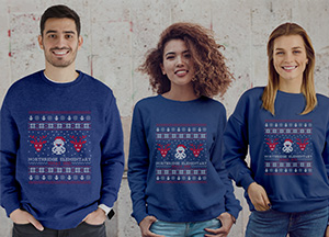 Happy teachers & parent volunteers in custom holiday sweatshirts