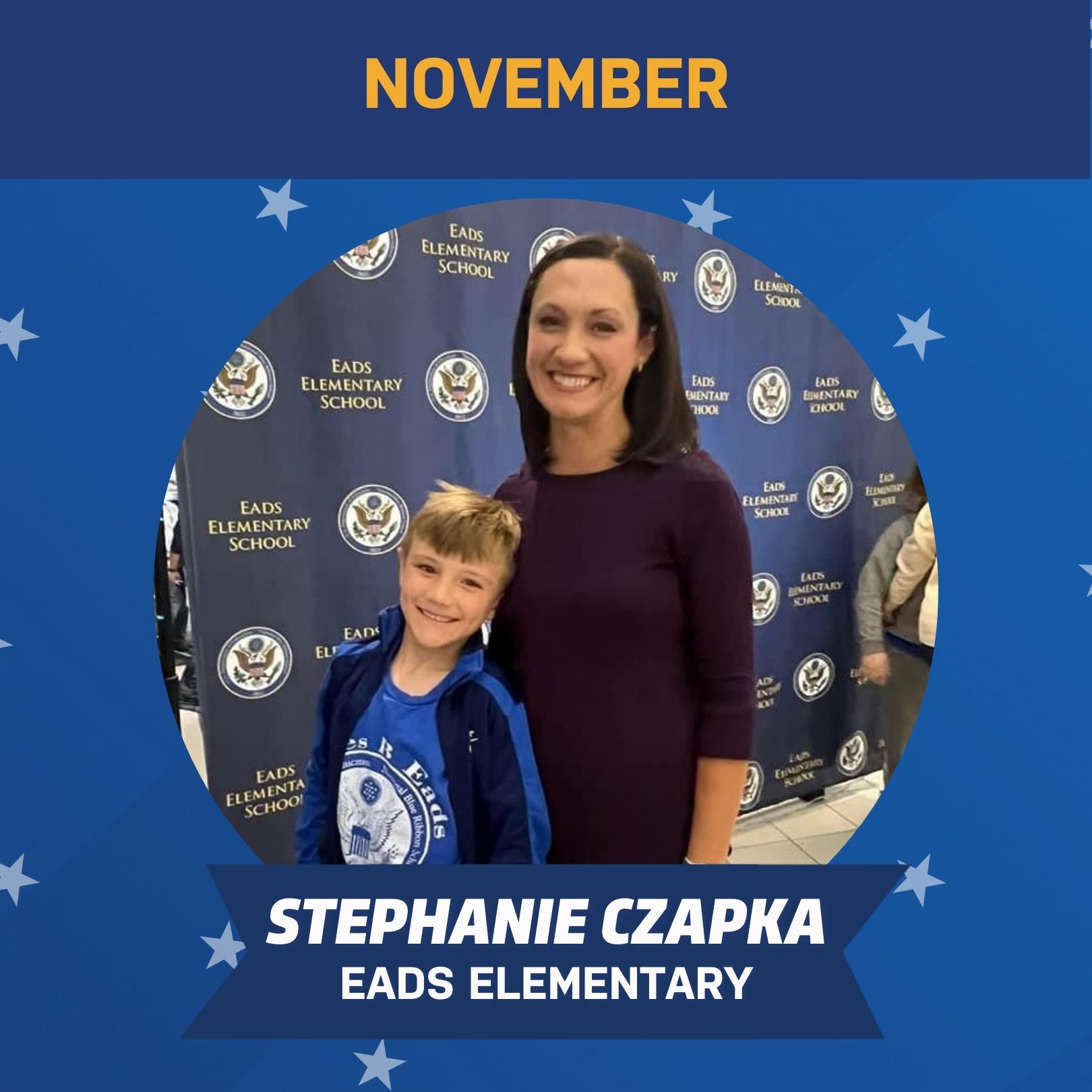 Image of mom and son being celebrated for winning the Volly Award for November