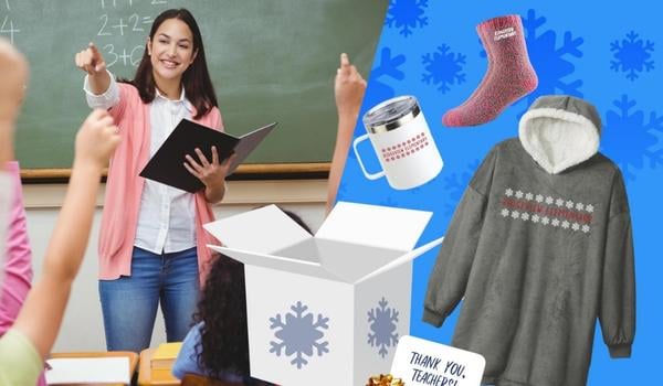 Teacher pointing to her class with holiday spirit wear displayed