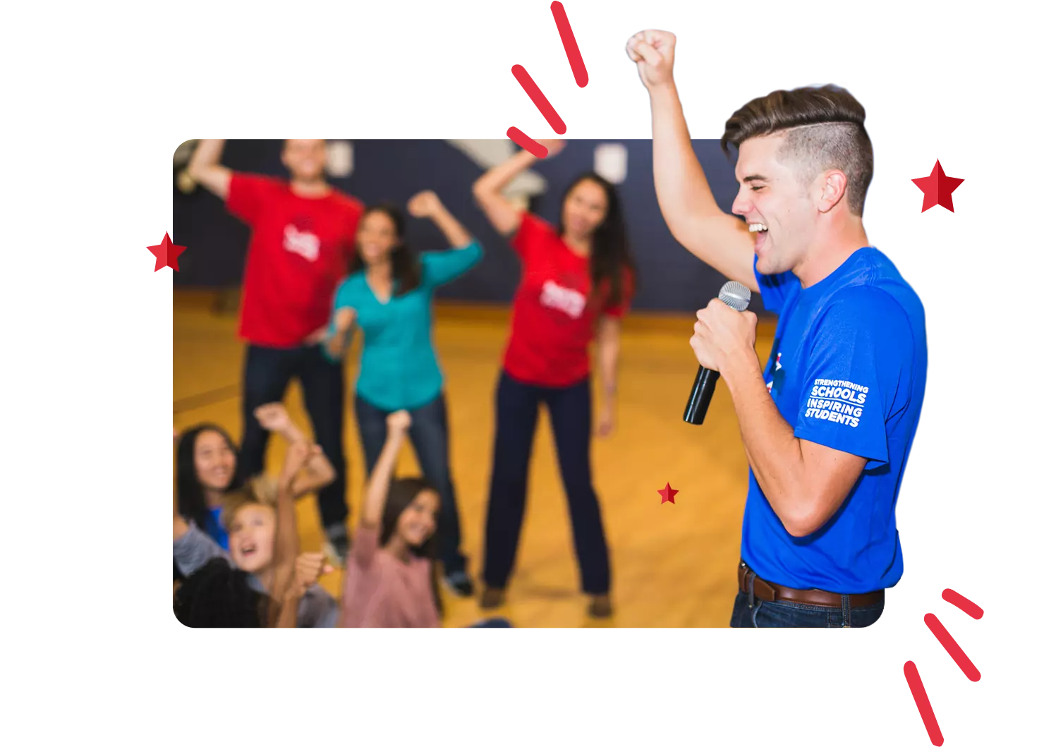 Guy cheering at kids